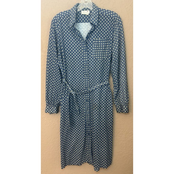 Serbin By Muriel Ryan Vintage Navy & Mustard Print Shirt Dress W/ Tie Belt. 14 - Picture 1 of 9